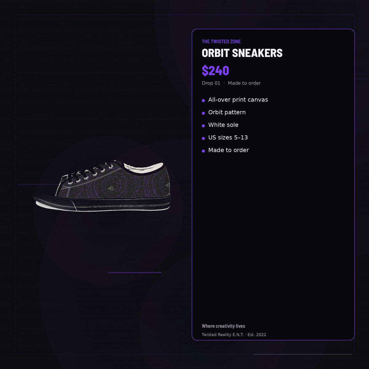Twisted Zone Orbit Sneakers — branded feature visual, Drop 01, The Twisted Zone