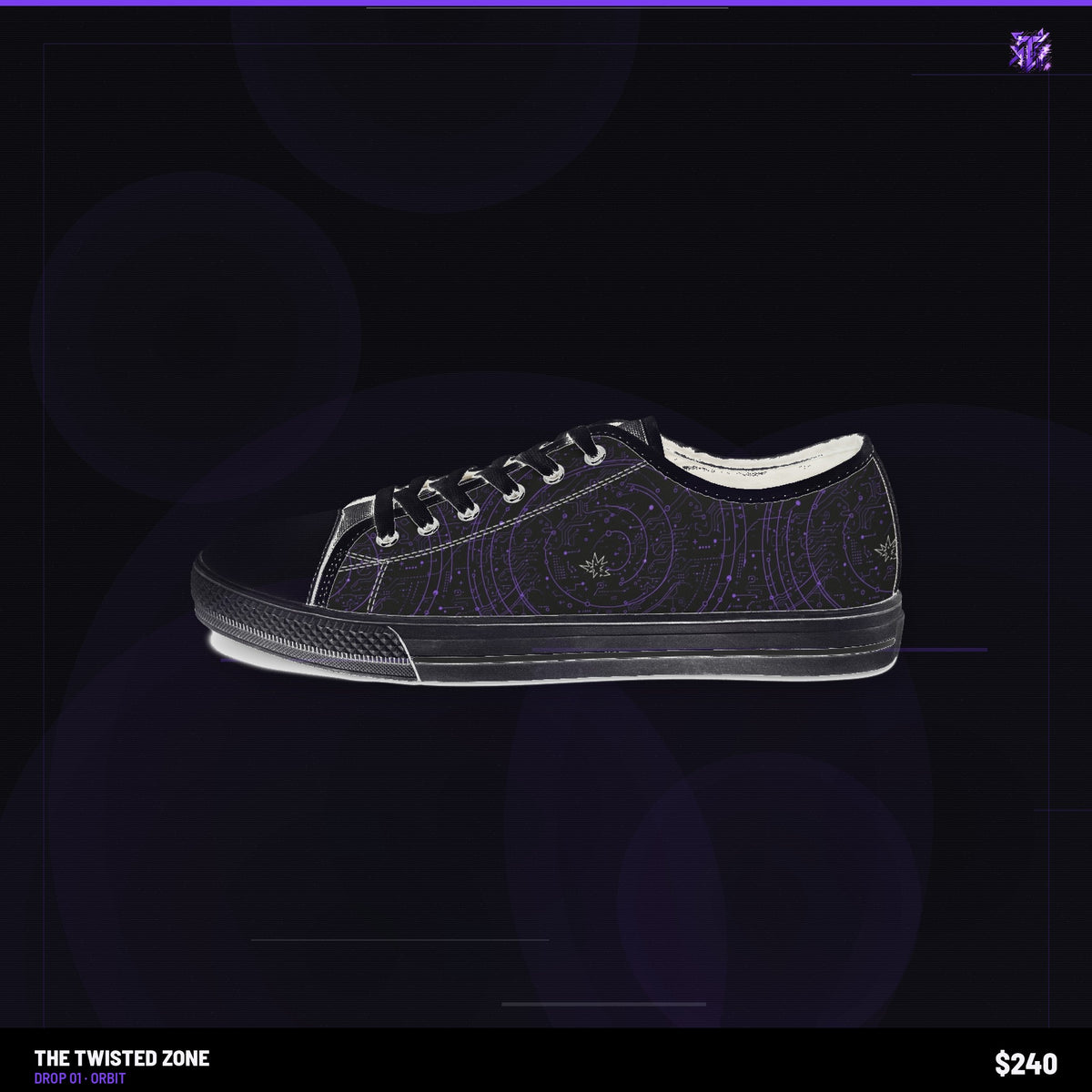 Twisted Zone Orbit Sneakers — branded studio visual, Drop 01, The Twisted Zone